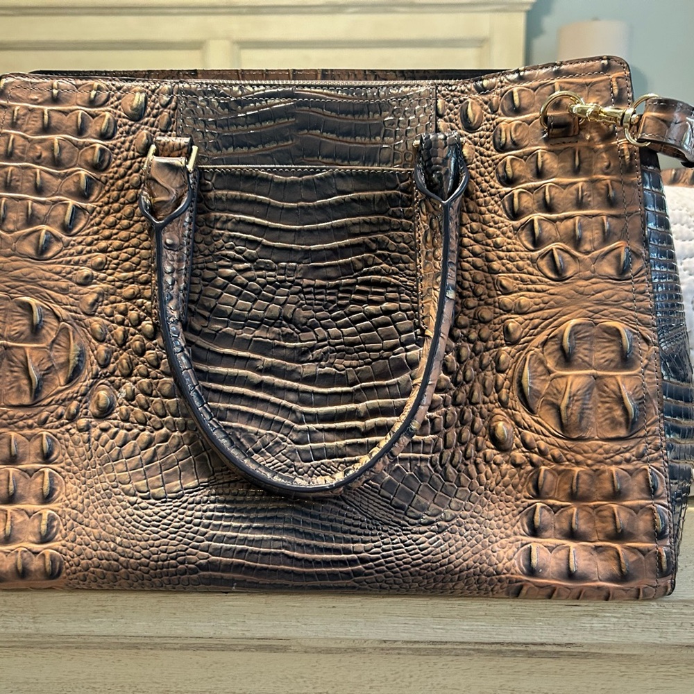 Brahmin Blue and Pink Crocodile Embossed Satchel